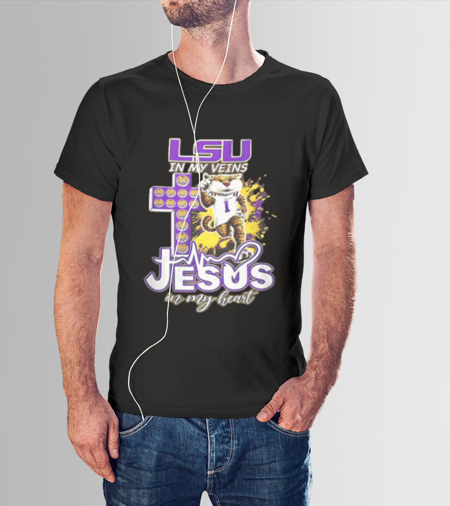 LSU In My Veins Jesus In My Heart Tiger Purple Cross EKG T-Shirt