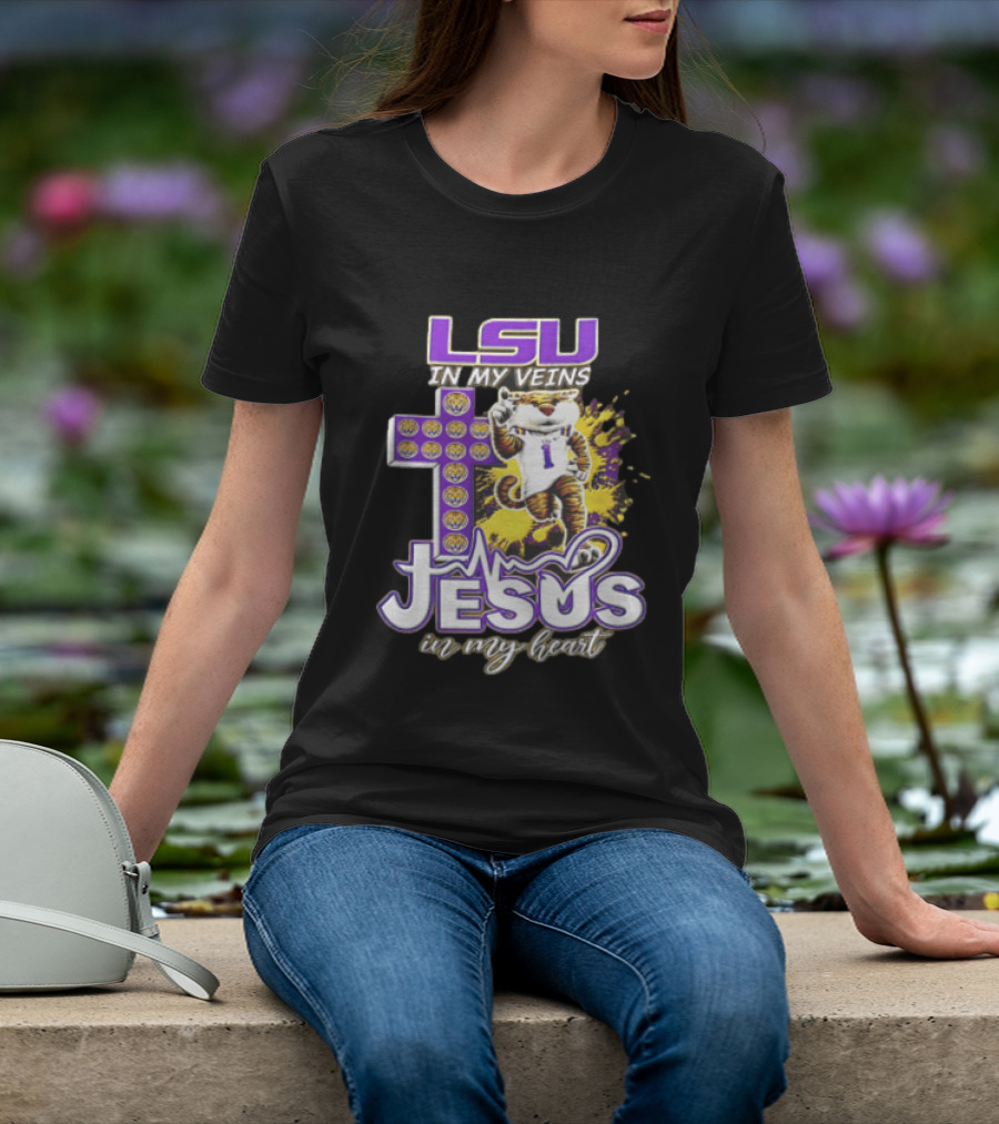 LSU In My Veins Jesus In My Heart Tiger Purple Cross EKG T-Shirt