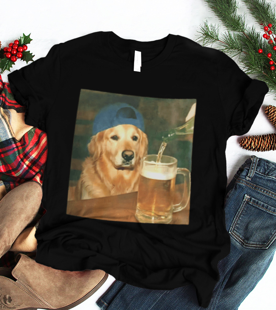 Golden Retriever Backward Cap Beer Pouring Scene T-Shirt