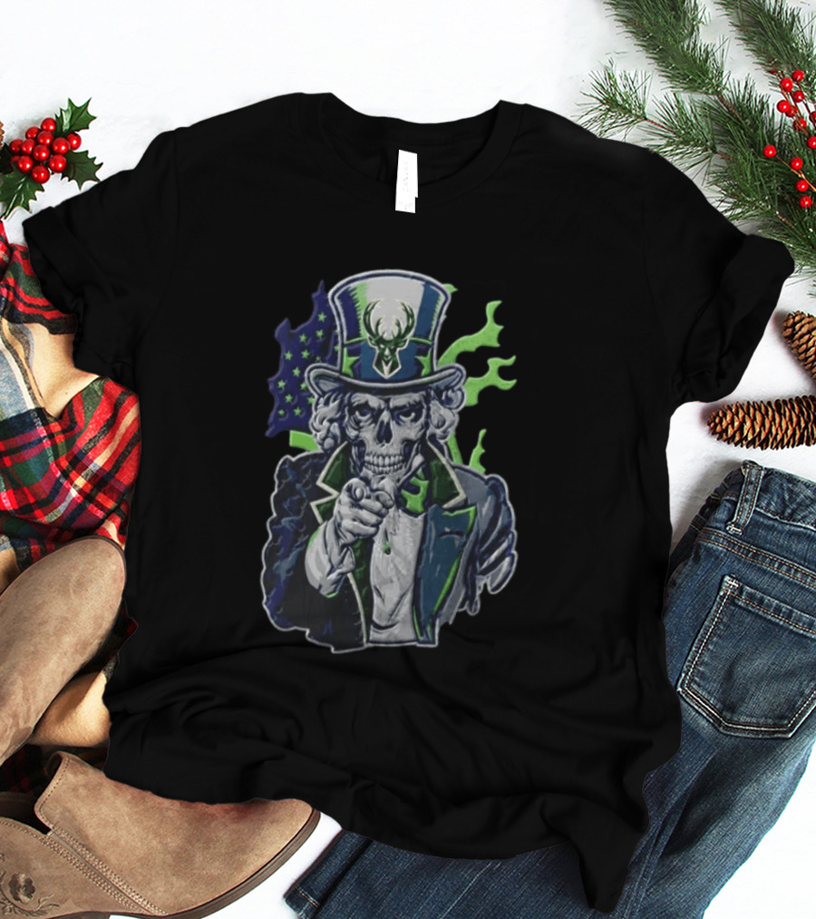 Milwaukee Bucks Uncle Sam Skeleton American Flag Pointing Basketball Fan T-Shirt