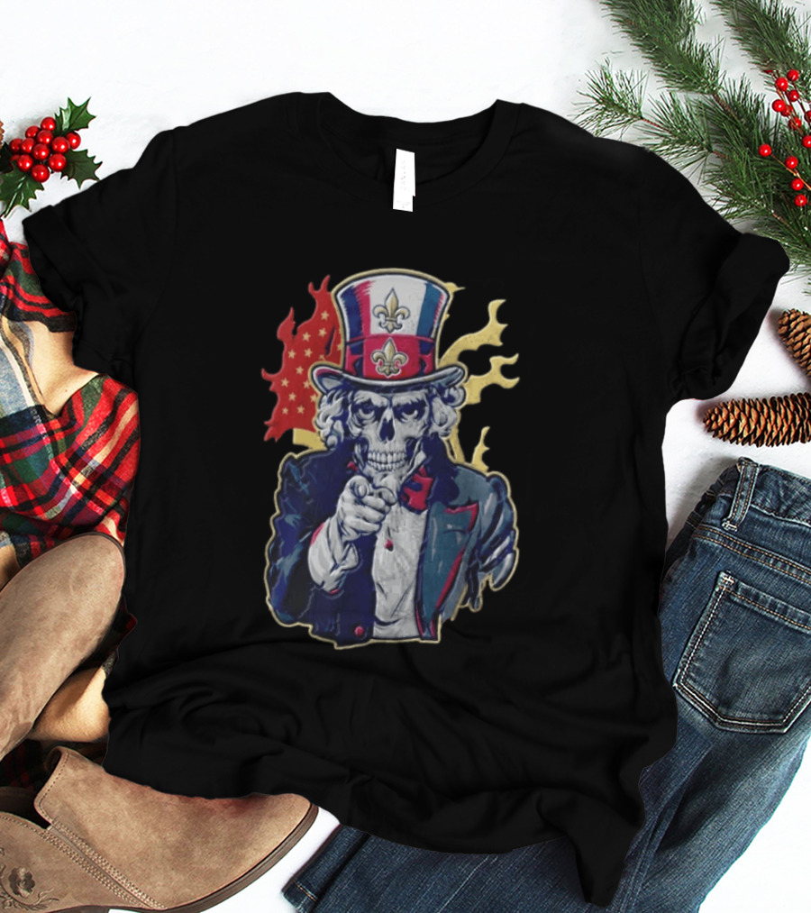 New Orleans Pelicans Skeleton Uncle Sam Pointing American Flag Fleur De Lis T-Shirt