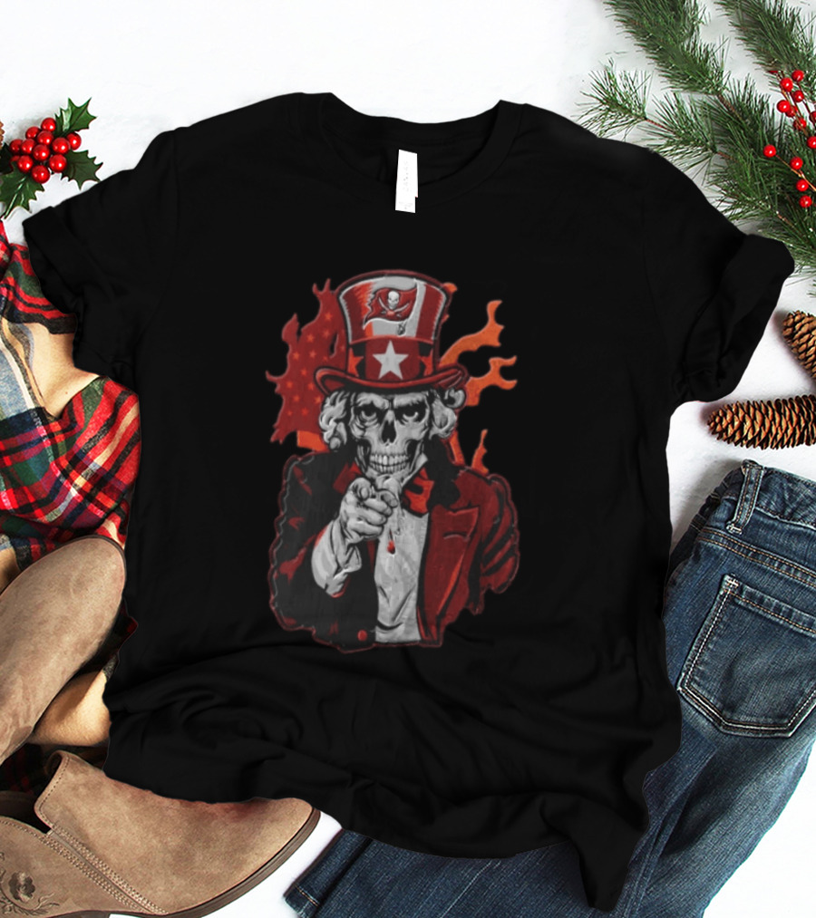 Tampa Bay Buccaneers Uncle Sam Skull American Flag Flames T-Shirt
