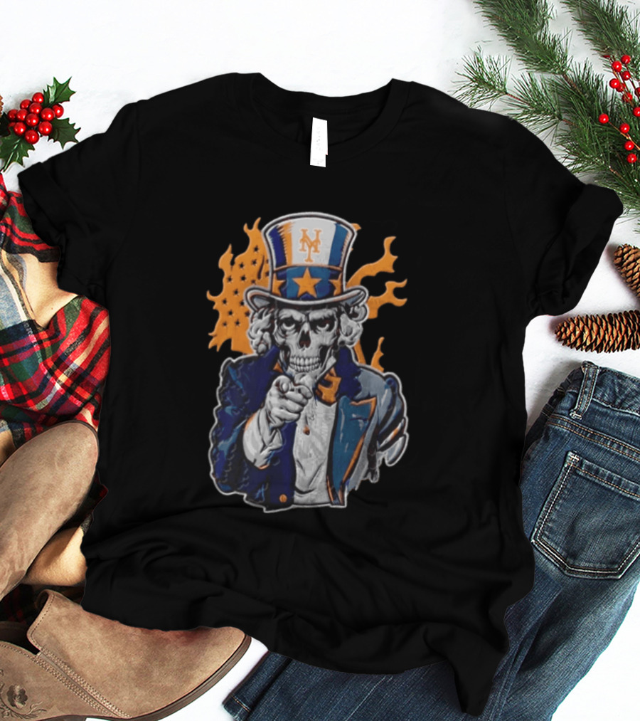 New York Mets Uncle Sam Skeleton Top Hat Stars Flames T-Shirt