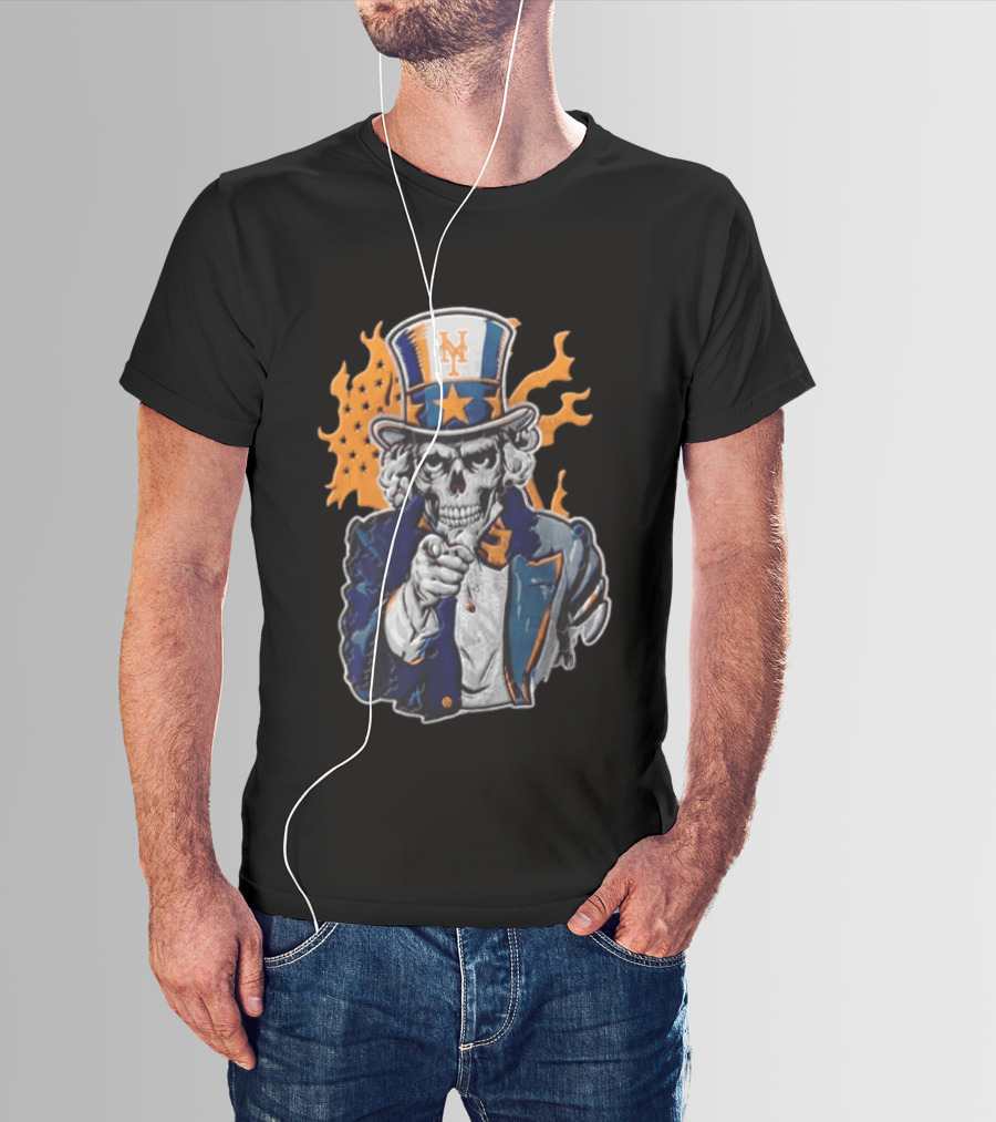 New York Mets Uncle Sam Skeleton Top Hat Stars Flames T-Shirt