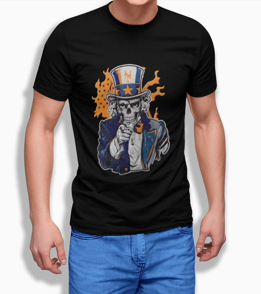 New York Mets Uncle Sam Skeleton Top Hat Stars Flames T-Shirt