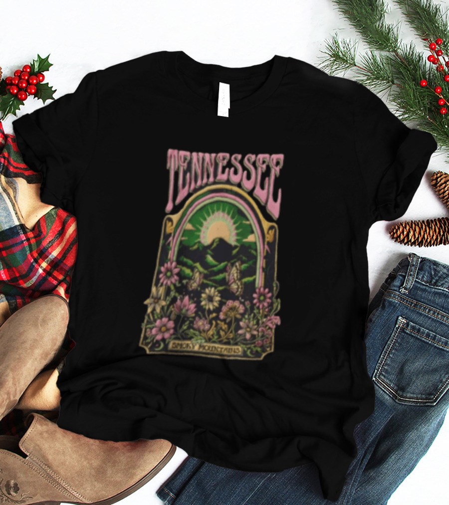 Tennessee Smoky Mountains Sunrise With Butterflies And Flowers T-Shirt