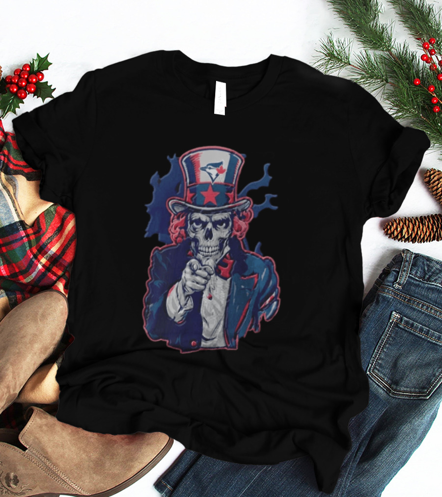 Toronto Blue Jays Skeleton Uncle Sam Pointing American Flag Bird Head Maple Leaf T-Shirt