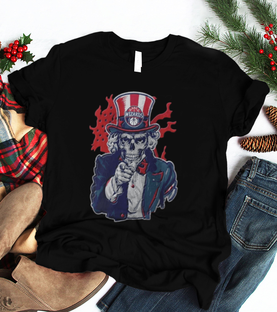 Washington Wizards Skeleton Uncle Sam Pointing Flames American Flag T-Shirt
