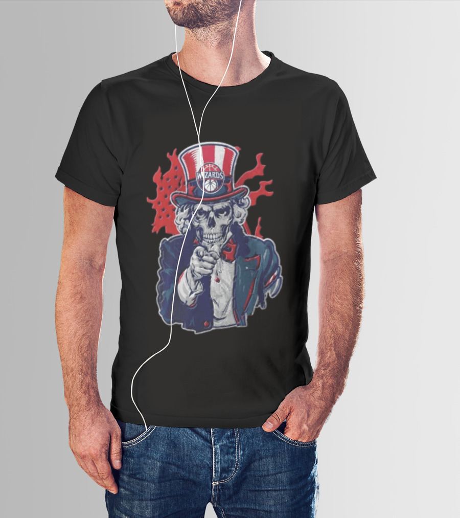 Washington Wizards Skeleton Uncle Sam Pointing Flames American Flag T-Shirt