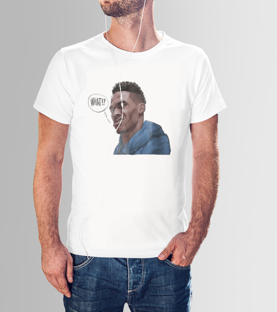 Russell Westbrook Cartoon Caricature Confused Face What Speech Bubble Blue T-Shirt
