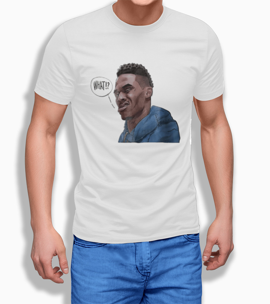 Russell Westbrook Cartoon Caricature Confused Face What Speech Bubble Blue T-Shirt