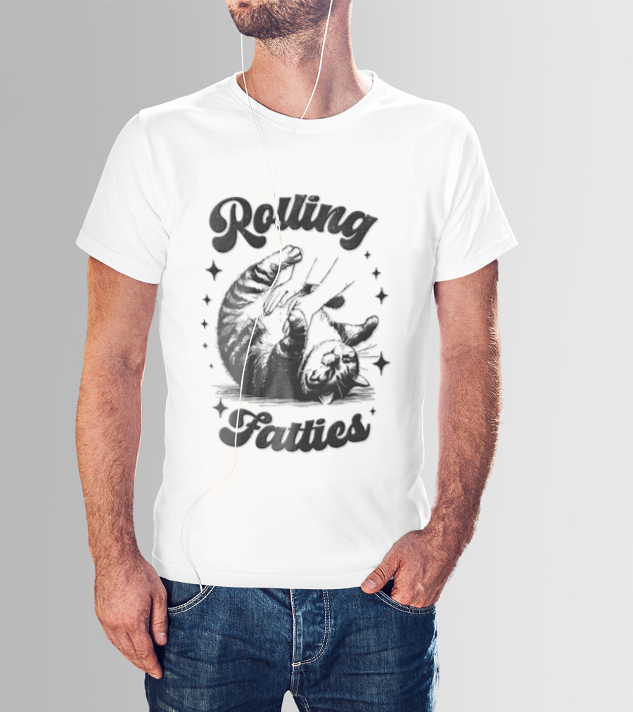 Rolling Fatties Chubby Tabby Cat Belly Rub Stars Line T-Shirt