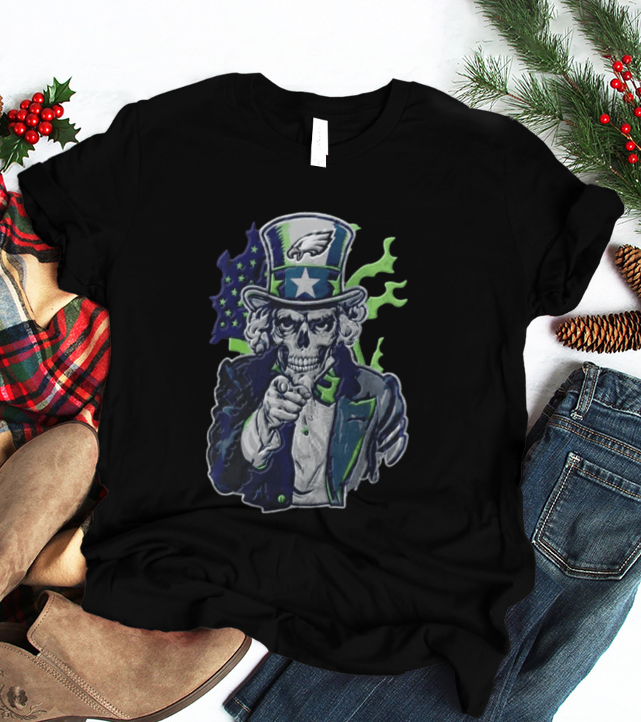 Philadelphia Eagles Uncle Sam Skull With Flag And Stars T-Shirt