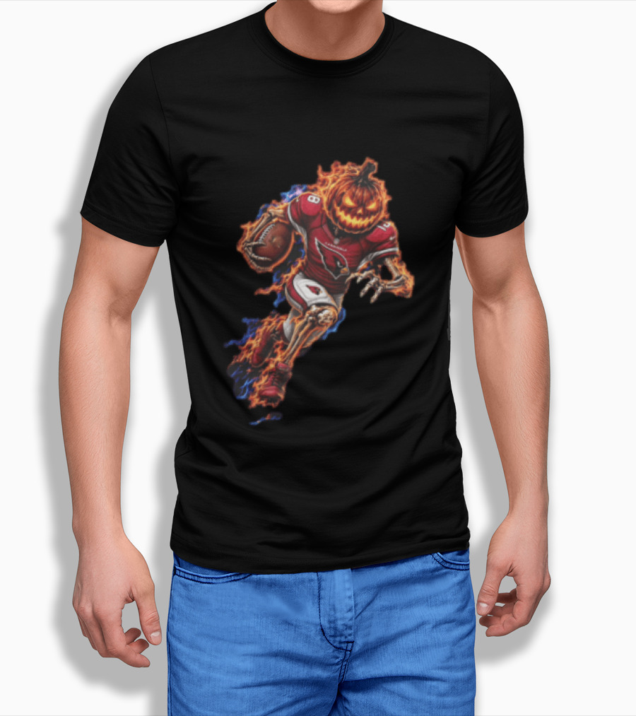 Arizona Cardinals Flaming Pumpkin Head Skeleton Football Player Halloween T-Shirt