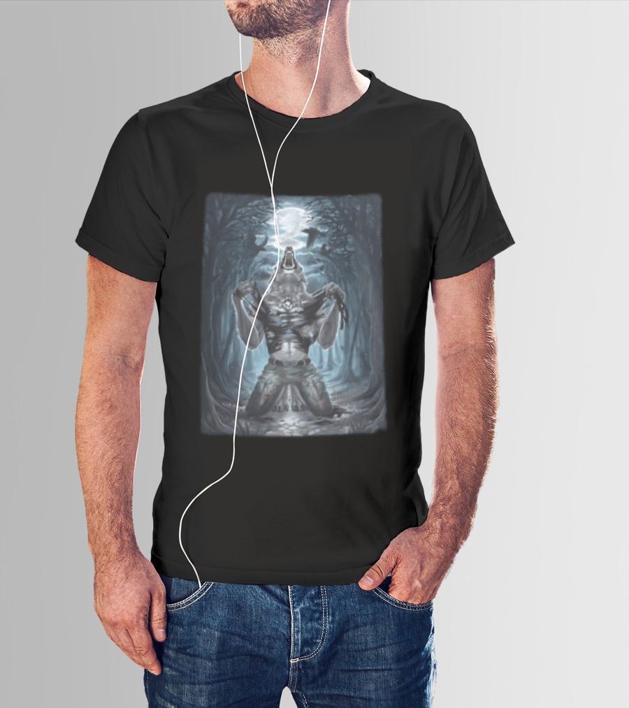Howling Werewolf Under Full Moon In Dark Forest With Ravens T-Shirt