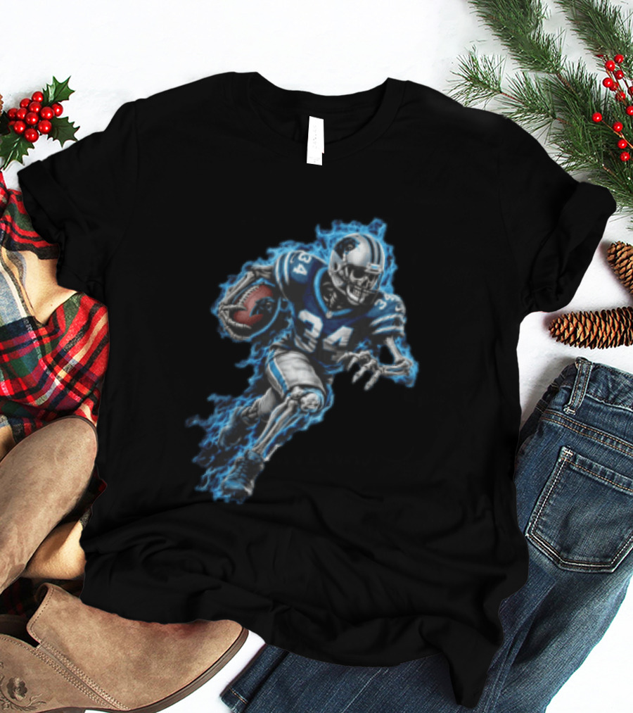 Carolina Panthers Skeleton Running Back 34 Blue Flames Football T-Shirt
