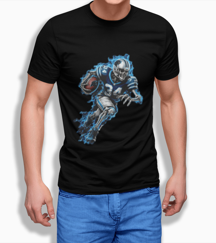 Carolina Panthers Skeleton Running Back 34 Blue Flames Football T-Shirt
