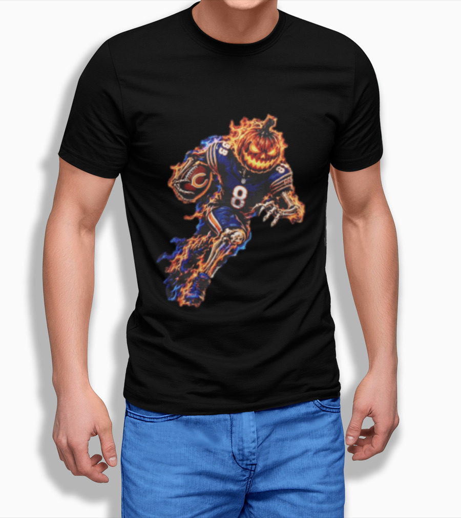 Chicago Bears Flaming Pumpkin Skeleton Football Running Halloween Scary Sports Fan T-Shirt