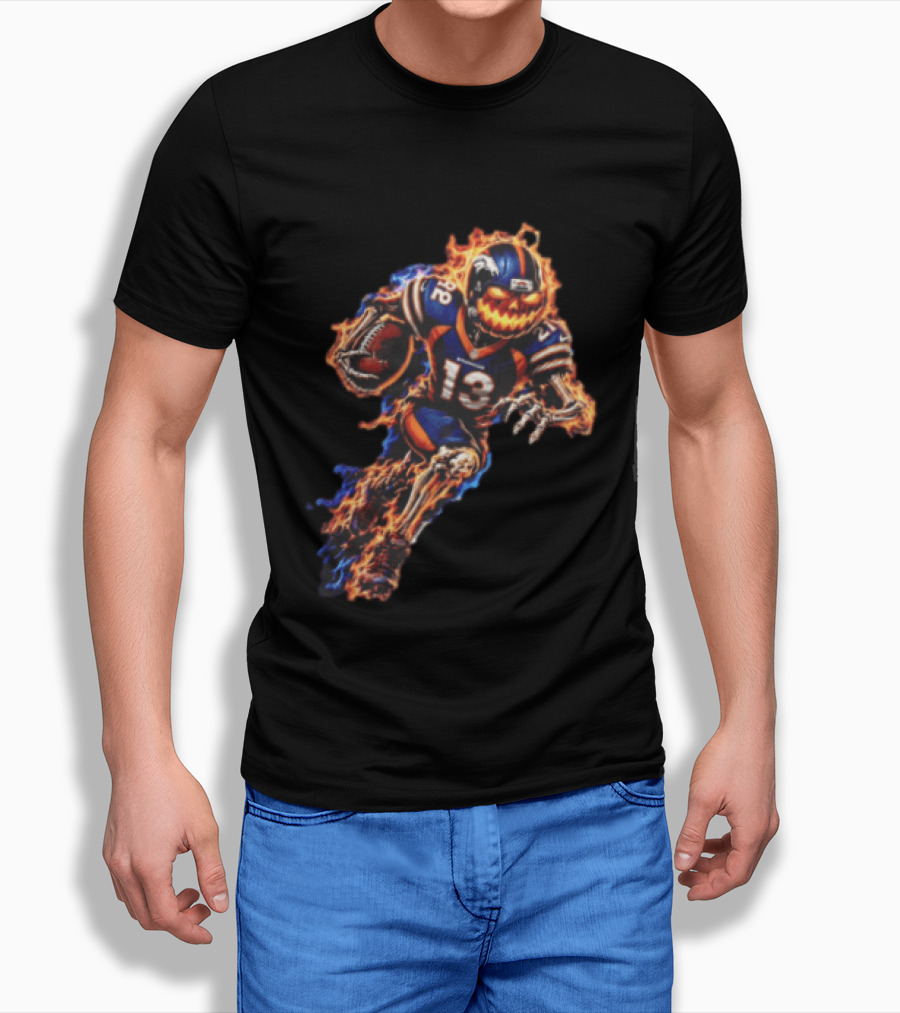 Denver Broncos Fiery Pumpkin Head Skeleton Football Player T-Shirt