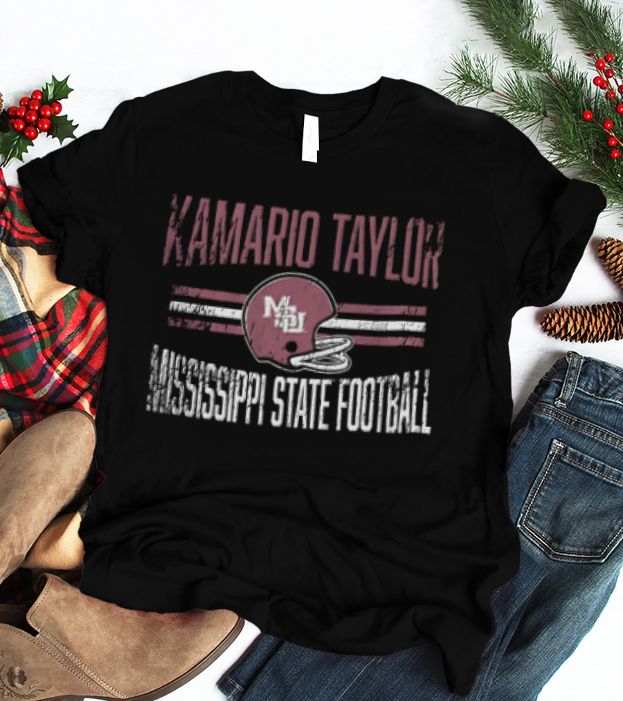 Kamario Taylor Mississippi State Bulldogs NCAA Football Distressed Helmet Horizontal Stripes T-Shirt