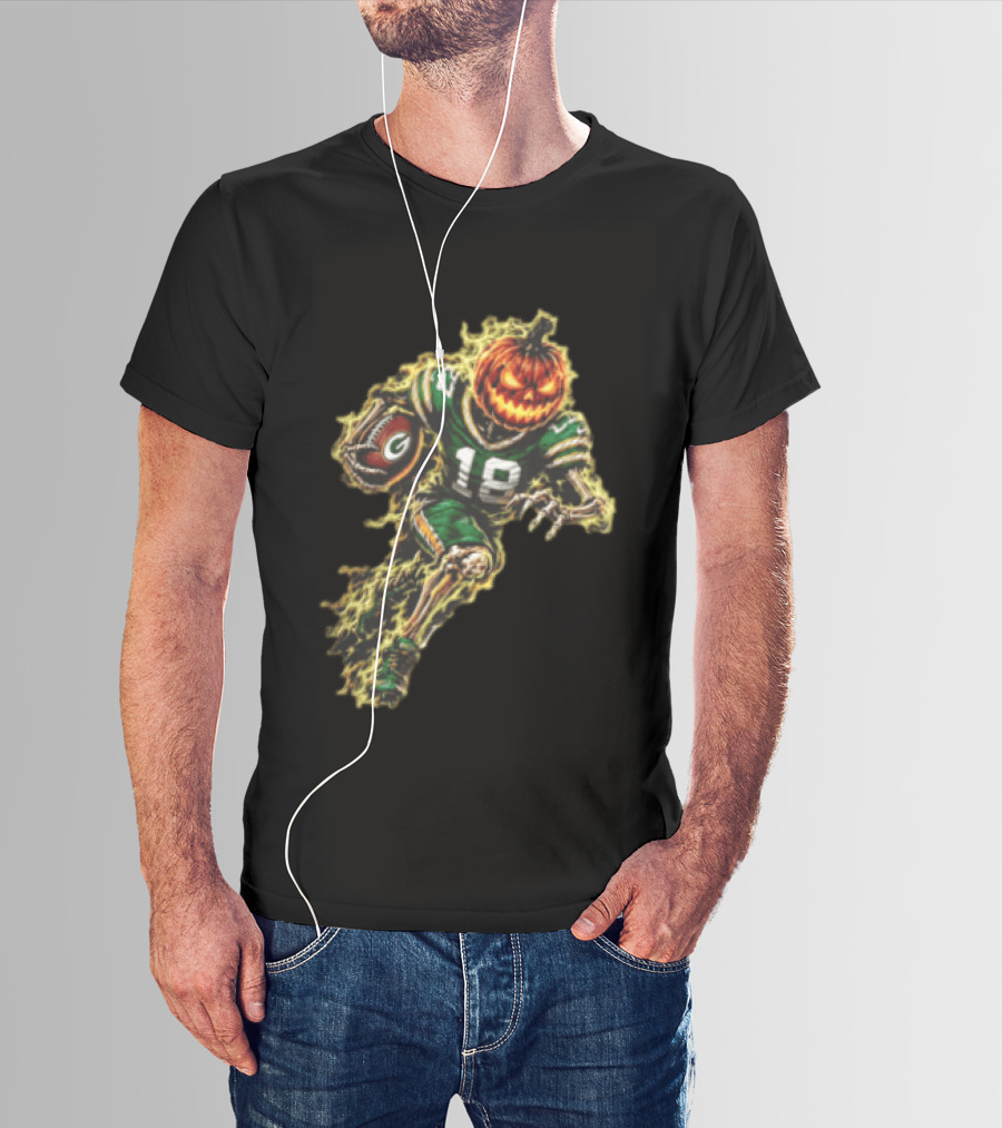 Green Bay Packers Halloween Pumpkin Head Skeleton Football Player Running T-Shirt