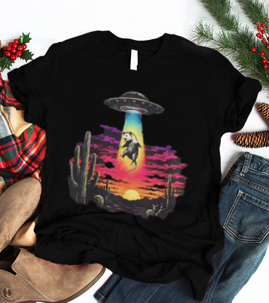 UFO Opossum Abduction In Desert Sunset Scene With Cacti And Colorful Sky T-Shirt