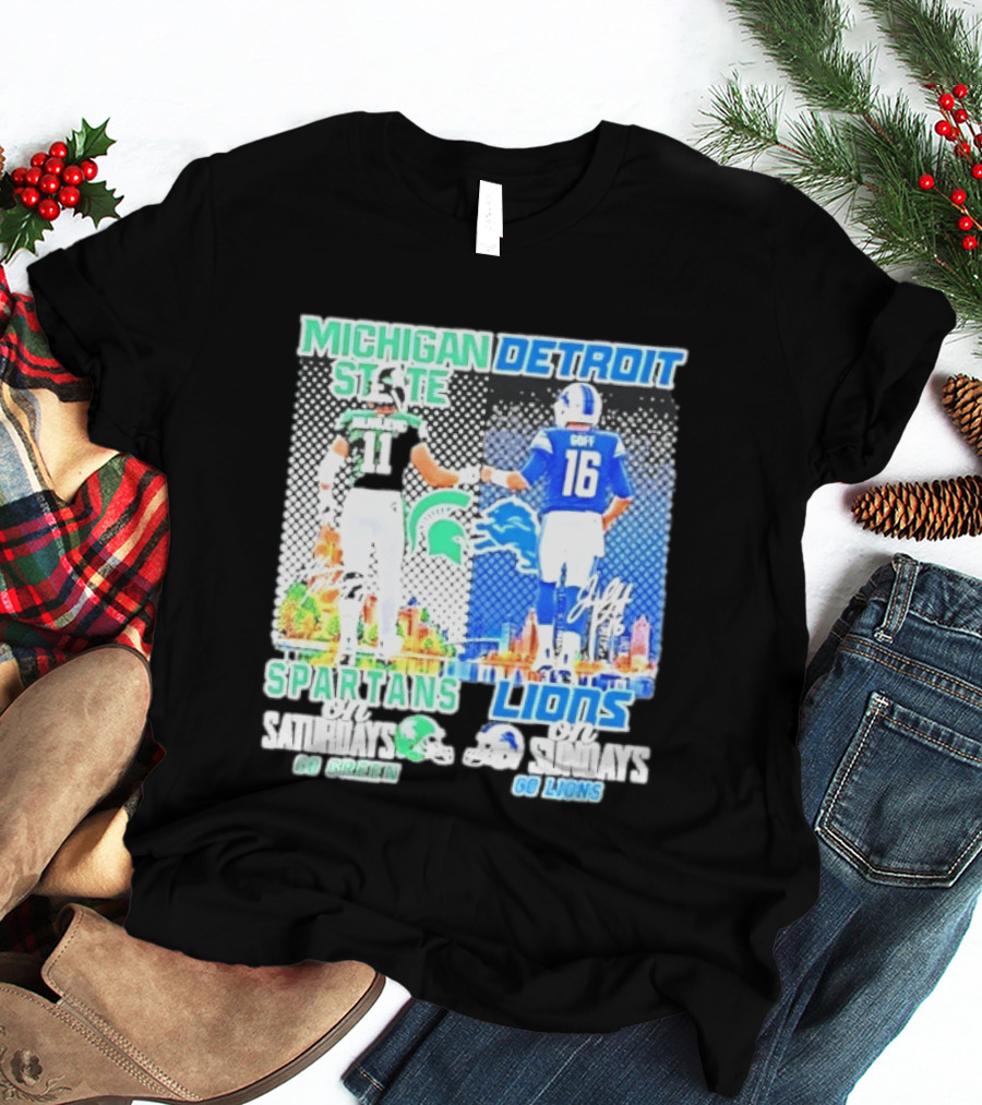 Michigan State Spartans Saturdays Go Green Detroit Lions Sundays Go Lions T-Shirt