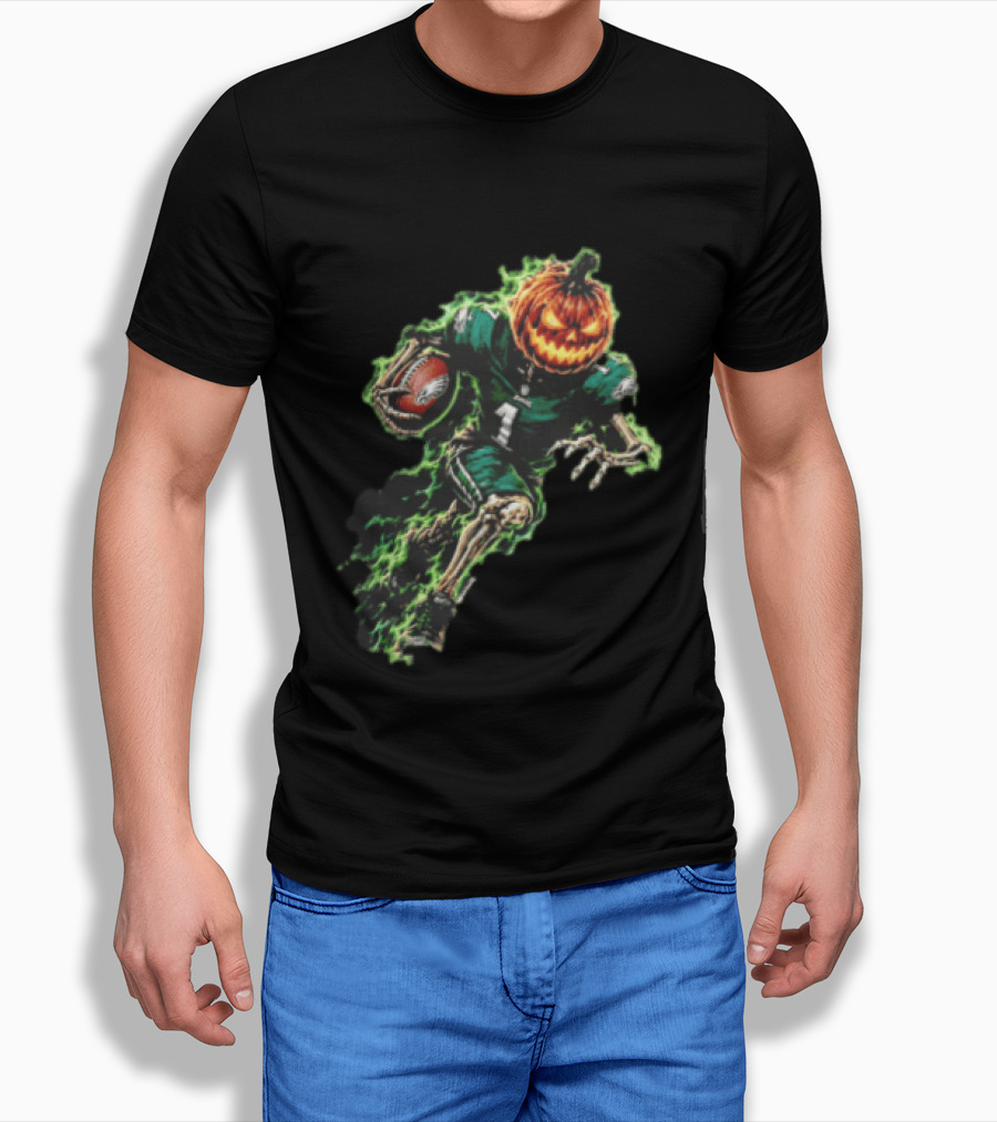 Philadelphia Eagles Pumpkin Head Skeleton Player Green Flames Football T-Shirt