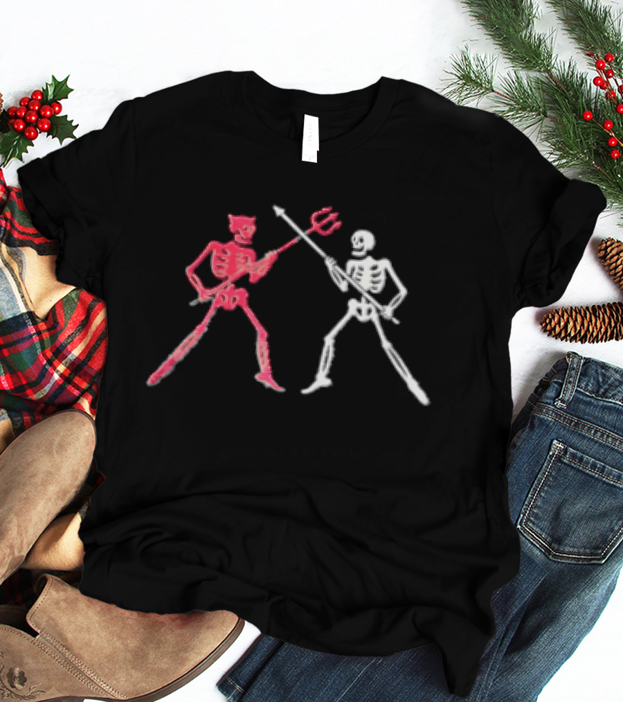 Red Horned Devil And White Skeleton Dueling With Spear And Trident Line T-Shirt