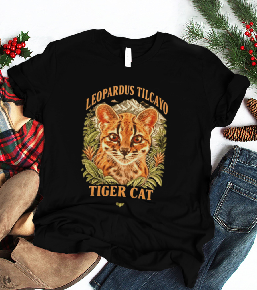 Leopardus Tilcayo Tiger Cat Wildlife Art With Foliage And Mountain T-Shirt