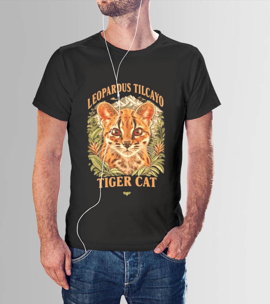 Leopardus Tilcayo Tiger Cat Wildlife Art With Foliage And Mountain T-Shirt