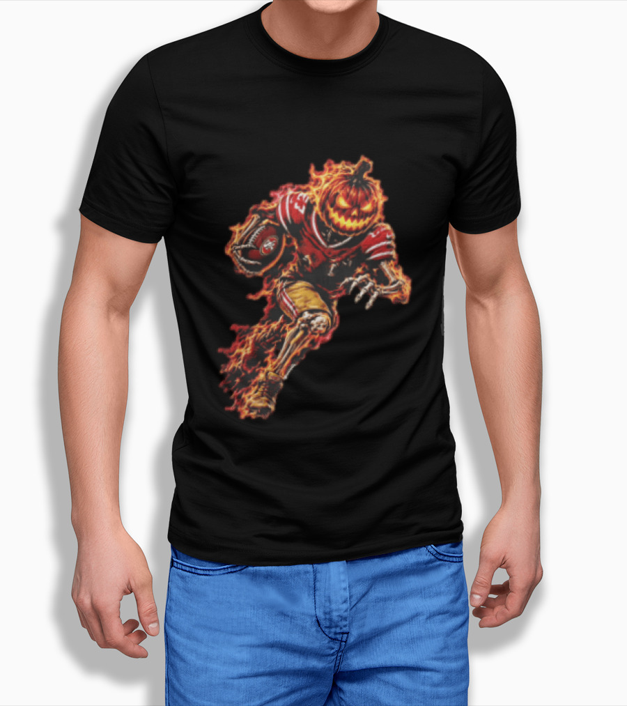 San Francisco 49ers Halloween Fiery Pumpkin Head Skeleton Football Player T-Shirt