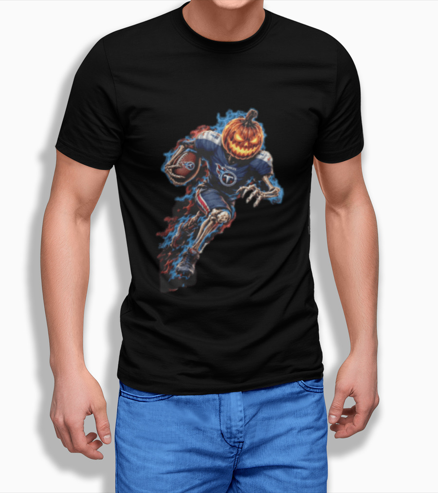 Tennessee Titans Pumpkin Head Skeleton Football Player Blue Flames Halloween NFL T-Shirt