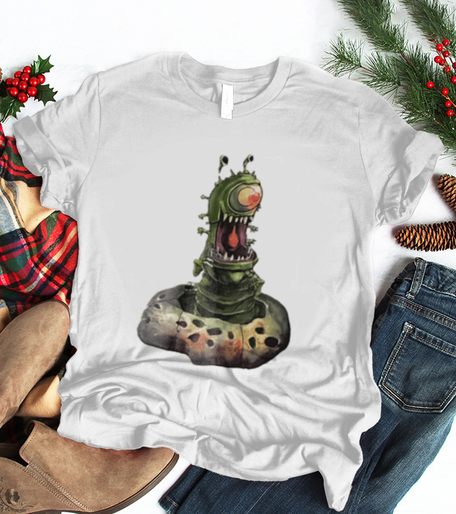 Cartoon Monstrous One Eyed Green Creature Emerging From Ground Hole T-Shirt
