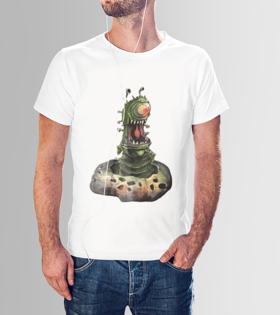 Cartoon Monstrous One Eyed Green Creature Emerging From Ground Hole T-Shirt