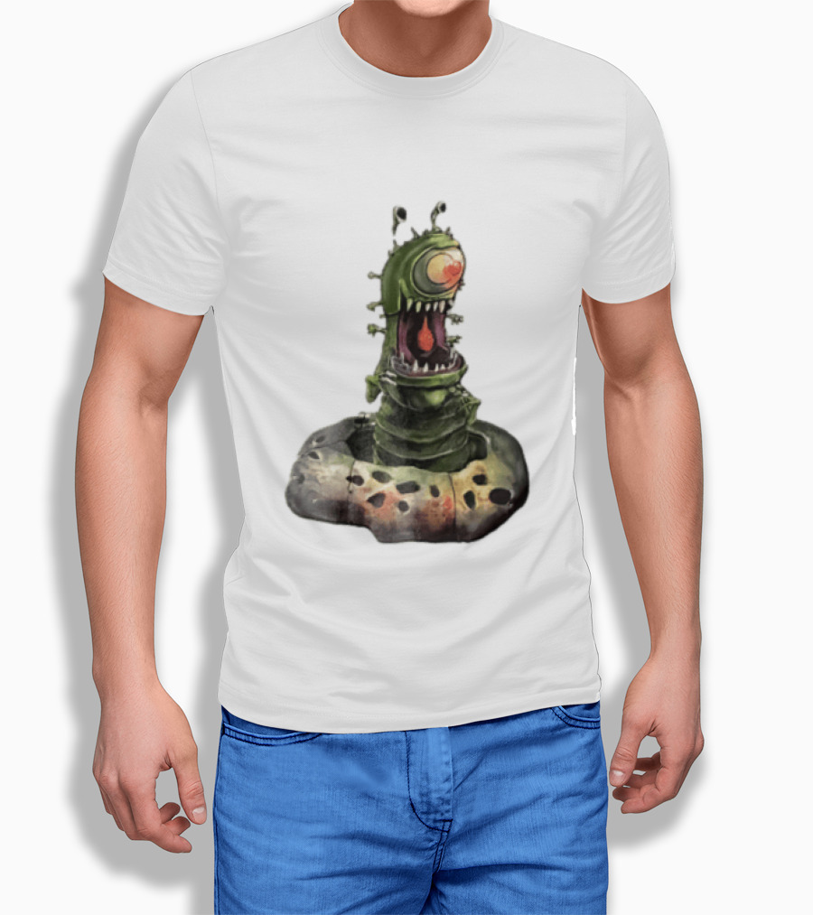 Cartoon Monstrous One Eyed Green Creature Emerging From Ground Hole T-Shirt