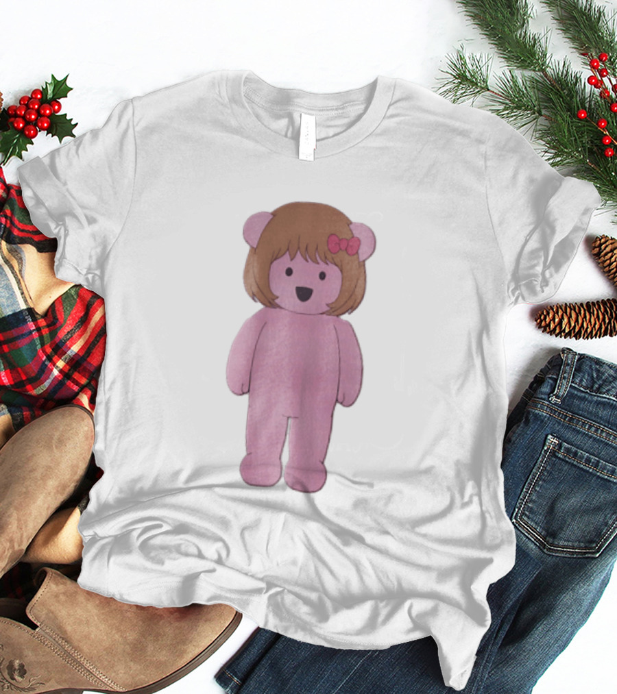 Cartoon Pink Bear With Brown Bob Haircut And Red Ribbon Bow T-Shirt