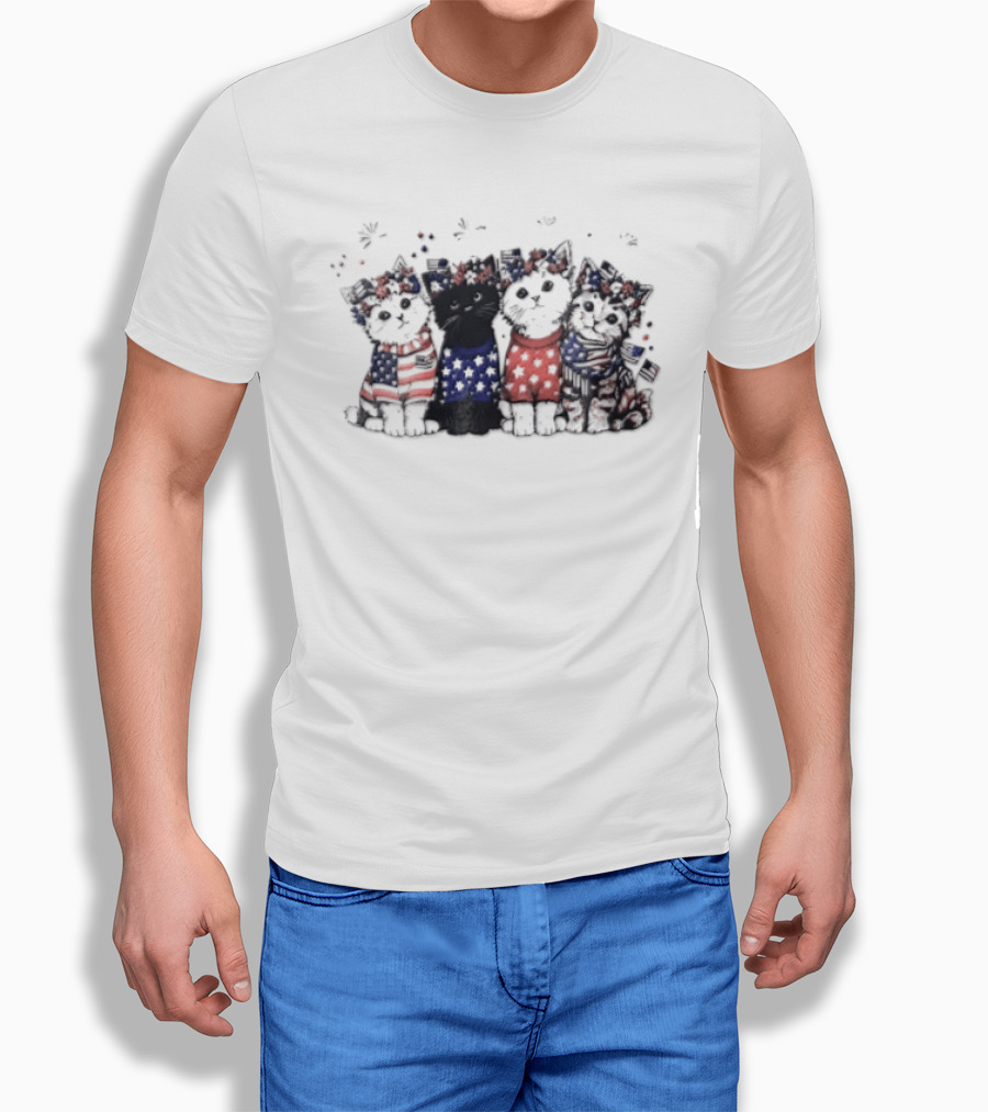 Four Patriotic Watercolor Kittens Fireworks Celebration Red White Blue T-Shirt