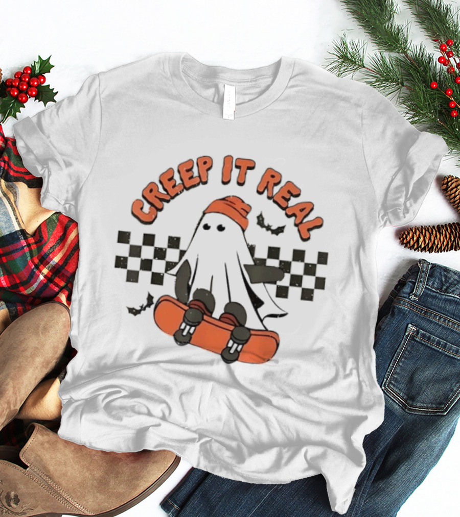 Creep It Real Ghost Skateboard Halloween T-Shirt