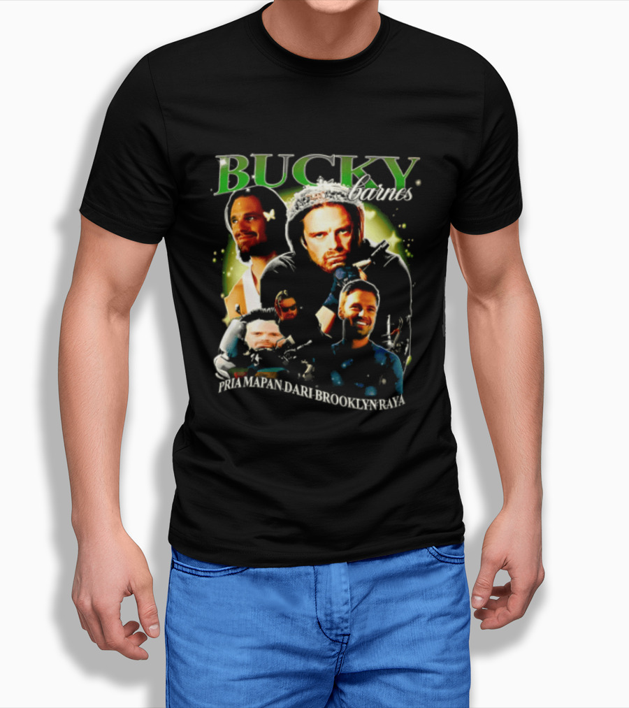Bucky Barnes Sebastian Stan Pria Mapan Dari Brooklyn Raya Multiple Photos Crown Marvel T-Shirt
