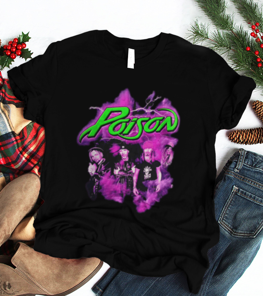 Poison Band Members Graphic With Neon Green Logo And Purple Aura T-Shirt