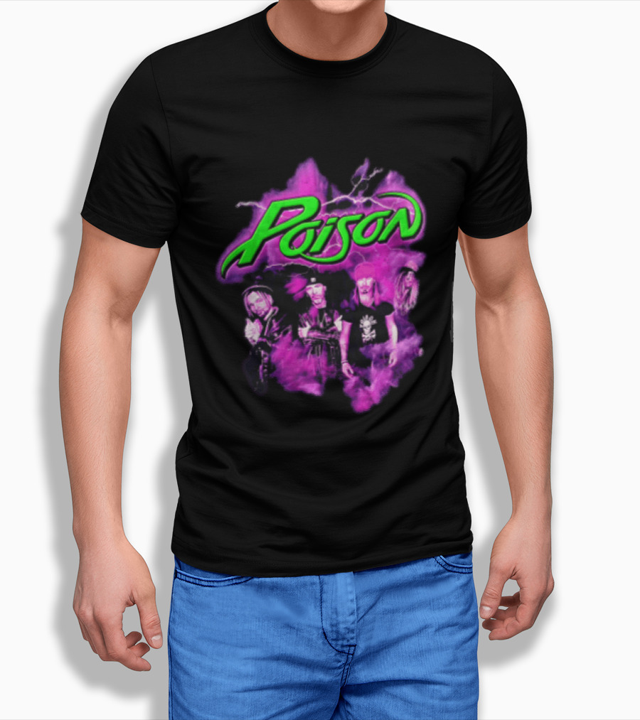 Poison Band Members Graphic With Neon Green Logo And Purple Aura T-Shirt