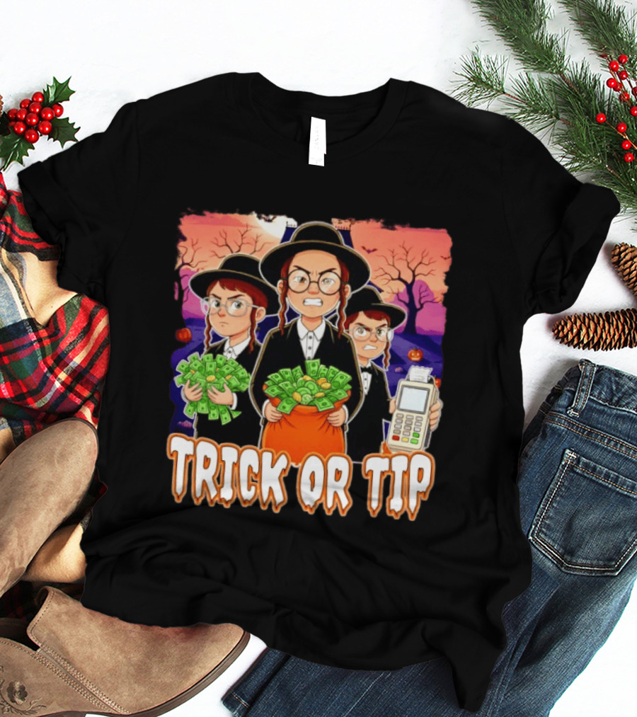 Trick Or Tip Halloween Money Bag Cartoon Characters Holding Cash And Payment Terminal T-Shirt