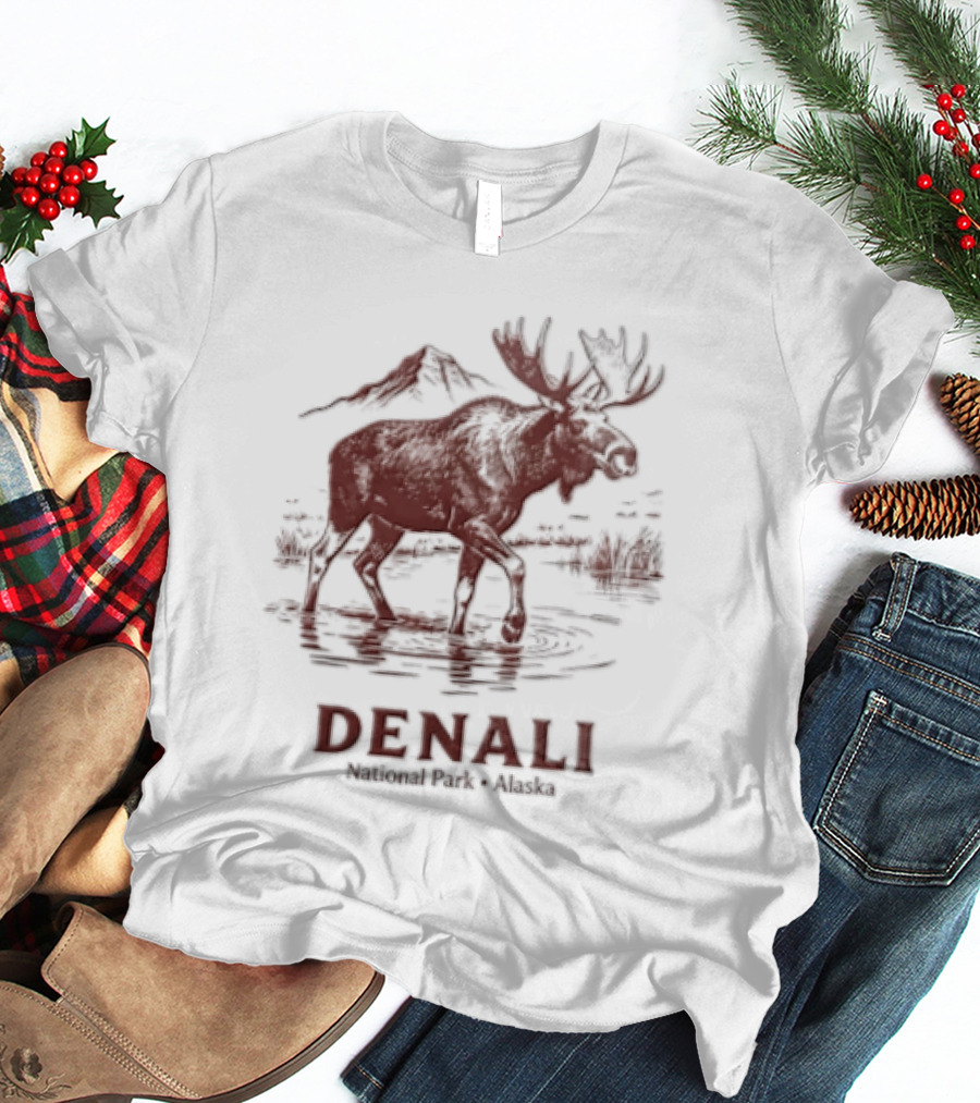 Denali Moose Walking In Water Near Mountain Scenery T-Shirt