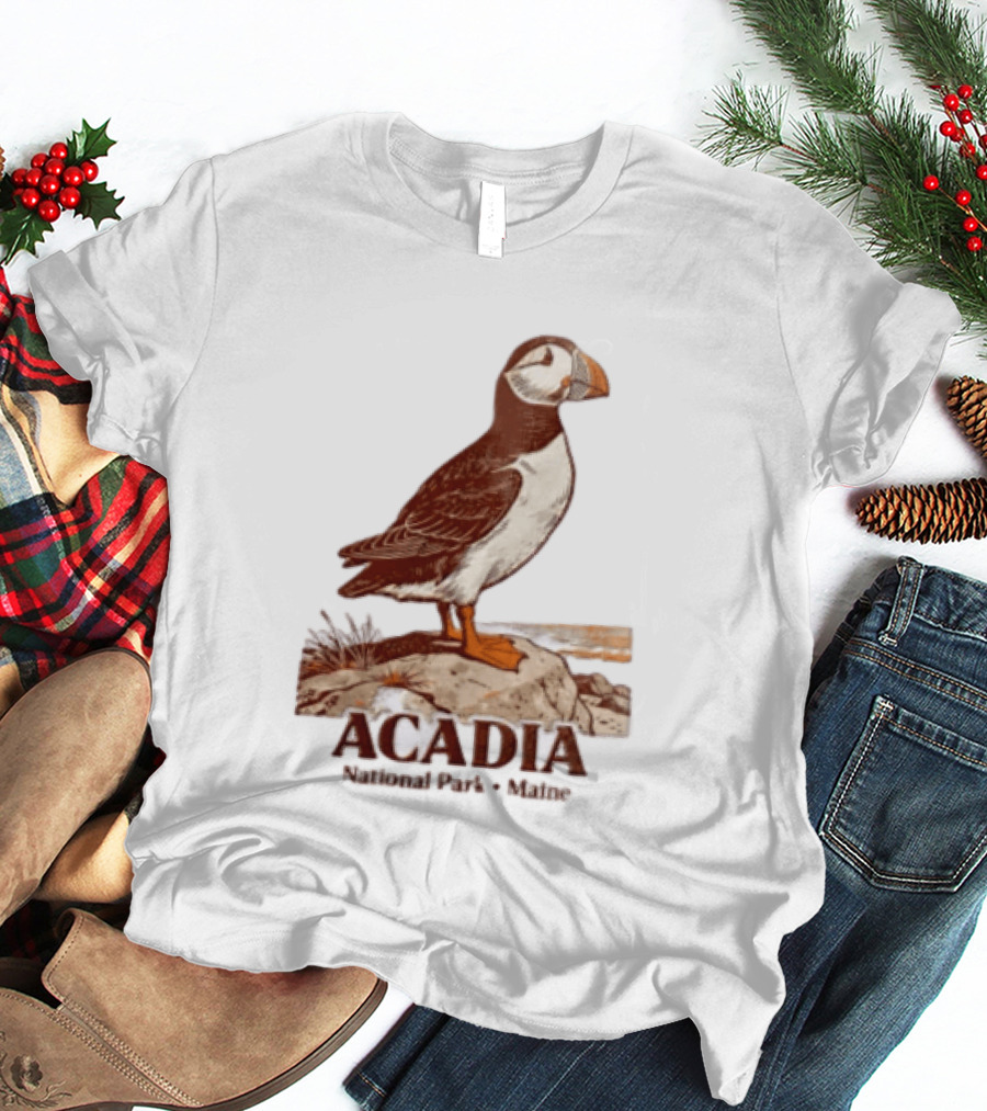 Acadia National Park Maine Puffin Standing On Rock T-Shirt