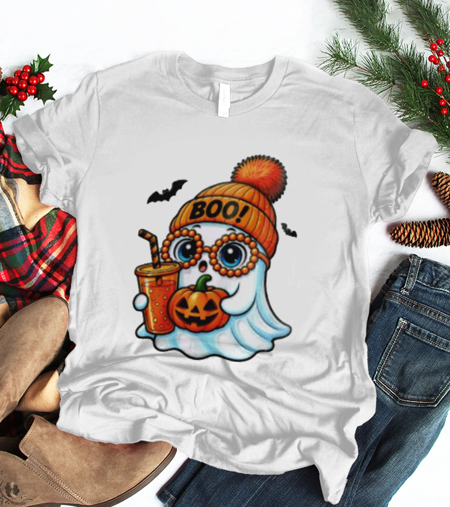 BOO Halloween Ghost With Pumpkin And Drink Spooky Fall Vibes T-Shirt