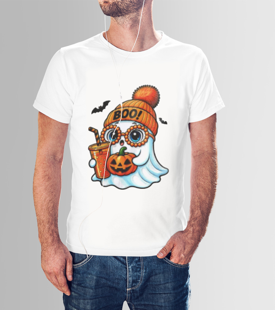 BOO Halloween Ghost With Pumpkin And Drink Spooky Fall Vibes T-Shirt