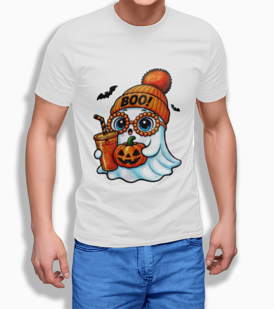 BOO Halloween Ghost With Pumpkin And Drink Spooky Fall Vibes T-Shirt