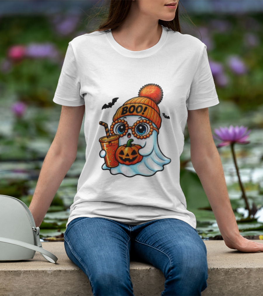 BOO Halloween Ghost With Pumpkin And Drink Spooky Fall Vibes T-Shirt