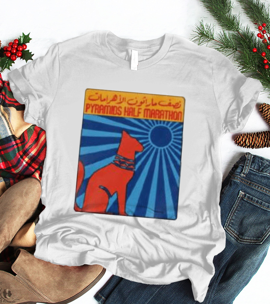 Pyramids Half Marathon Egypt Cat Sunburst Arabic T-Shirt